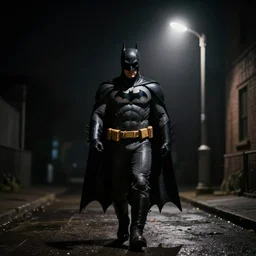 BatMan walking towards the camera in a dark environment with on street light shining over him