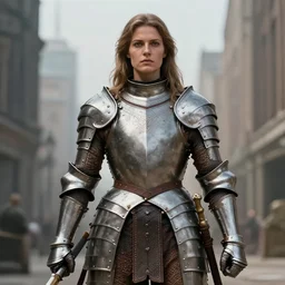 portrait, a large warrior woman wearing iron breastplate, standing bold and proud, highly detailed, sharp focus, in the city, full rendered, trending on artstation by john willian waterhouse