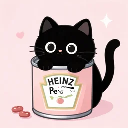 black cat in a can of Heinz baked beans, pastel colours, cute digital art