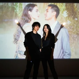 the pair are standing in front of the huge projection, having fun and posing for the camera - except this time they're not silhouetted, they're lit up beautifully. flash bulbs go off like they're in their own fashion show - we see their closeness as they interact