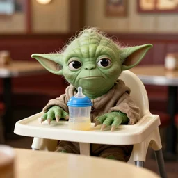 yoda, sitting in a high chair, behind a table, in the restaurant outback, annoyed, disgruntled, sippy cup, 3 5 mm, f / 2. 8