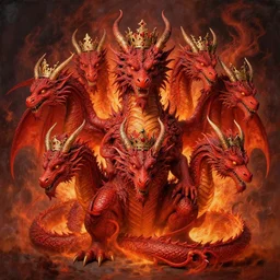 a great fiery red dragon with 7 heads wearing crowns, and 10 horns, detailed, intricate, matte painting by Mariusz Lewandowski, Giger and Jacek Yerka