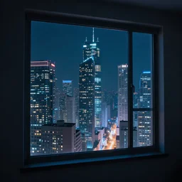 Window in an apartment overlooking a cyberpunk city at night, digital art, 4K