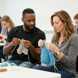 Diamond Dallas Page teaching a knitting class. Candid photography by Annie Leibovitz