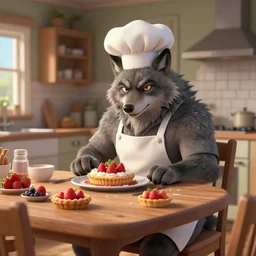 cute handsome cuddly burly surly relaxed calm timid werewolf from van helsing sitting down at the breakfast table in the kitchen of a normal suburban home wearing a chefs apron having fun baking strawberry tart cakes unreal engine hyperreallistic render 8k character concept art masterpiece screenshot from the video game the Elder Scrolls V: Skyrim