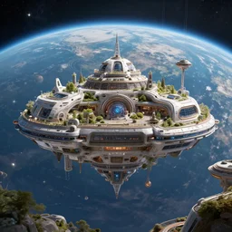 a futuristic solarpunk space habitat with earth in the background, highly detailed, 8 k, hdr, award - winning, octane render, artstation