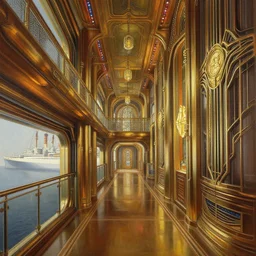 a hallway on the atlantis paradise, a retro futuristic spaceship made of brass bronze gold, art deco influence, hotel style design. suspended bridge walkways. bioshock, starship titanic. clean, well composed painting by artgerm and greg rutkowski