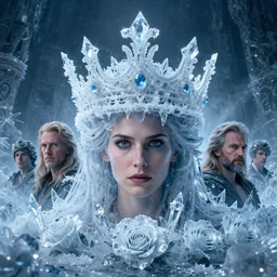 wide angle shot of a frozen crown, surrounded by ice and crystal roses, face center to the camera, style by laurie greasley gustave dore ron english and tom bagshaw, cedric payravernay, peter mohr, cinematic dramatic lighting, ornate, epic composition, octane blender, sharp focus, concept art,