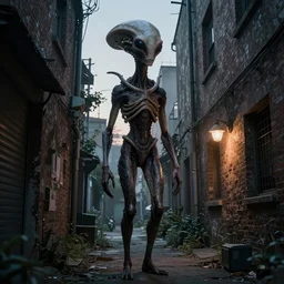 some weird trippy freaky alien stuff happening in a back alley somewhere around dusk in the style of H. R. Giger
