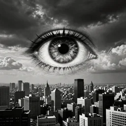 an all - seeing eye floating in the sky over a city, high contrast, low key, black and white, newspaper, film grain