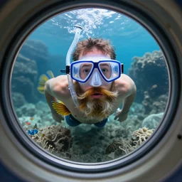 tiny bearded mullet man snorkeling inside washing machine, sports photography, detailed, 4k