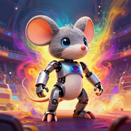 anthropomorphic mouse robot with human characteristics in an arena, digital art, epic composition, fantasy, explosion of color, highly detailed, in the style of jake parker, in the style of conrad roset, swirly vibrant colors, sharp focus