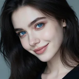 a beautiful young woamn with dark hair, pale skin and deep blue eyes, smiling coyly, canon 5 d