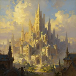 beautiful fantasy city by Alan Lee, golden hour, concept art, matte painting, highly detailed, art station, oil painting, 8k