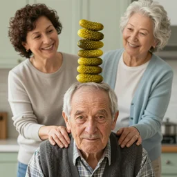 an old man is stacking pickles his wife's head, making it look like a tower
