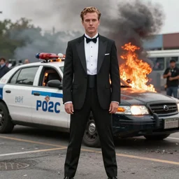 man dressed in a tuxedo posing in front of a burning cop car during the 2020 riots, photo
