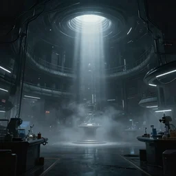 a dark futuristic science lab, concept art, epic, fog, dramatic lighting