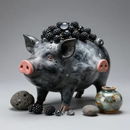 a pig sculpture with blackberries, obsidian and glass and pumice and japanese glazed pottery, zen,