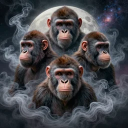 symmetry!! ultra realistic portrait of primates made of smoke fumes!! moon and galaxy in background!, intricate, elegant, highly detailed, digital painting, artstation, concept art, smooth, sharp focus, illustration, art by artgerm and ross tran and greg rutkowski and alphonse mucha, 8 k