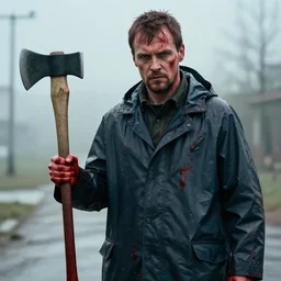 Igor Ghirkin Strelkov as The American Psycho holding an axe, covered in blood, donning a raincoat, cinematic still