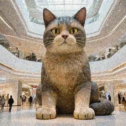 a giant human-cat hybrid sitting in a mall, by Zdzisław Beksiński