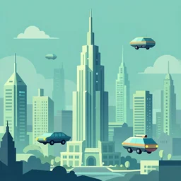 futuristic soviet city landscape with flying cars in vector low-poly-style in green and blue shades