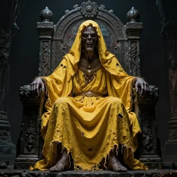 an ancient figure draped in a tattered yellow garment sitting upon a throne, cosmic horror, dark, lovecraftian, 4K, ornate stone,