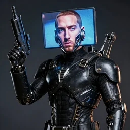 eminem wearing a futuristic armored mask with large a large video screen image of eminem where his face should be, and he is wearing black leather exoskeleton mechanical body armor. a mini - gun is attached to the end of a robot arm that mounted on his shoulder - h 6 4 0