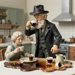 a sculpture of a old and strange dusty professor in black suite and hat and a old woman making a study of drinking 1 0 cups of black coffee in 5 seconds in a kitchen that is melting, styled by jean tinguely