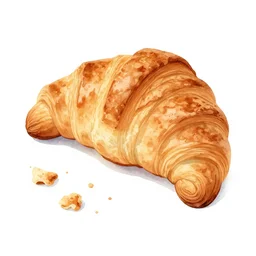 watercolor art flakey croissant with crumbs on blank all white background, illustration, vector art