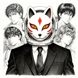 portrait of a man in kitsune demon fox mask and black suit wearing astronaut helmet, pen and ink, intricate line drawings, by craig mullins, ruan jia, kentaro miura, greg rutkowski