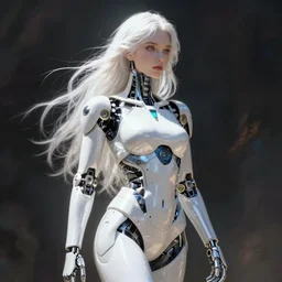 beutiful white girl cyborg, full shot, alfred kelsner, artstaition, epic composition