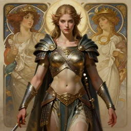 goddess of war accurate anatomy, only two hands, highly detailed, digital painting, artstation, concept art, smooth, sharp focus, illustration, Unreal Engine 5, 8K, art by Ross Tran and greg rutkowski and alphonse Mucha and Frank Frazetta