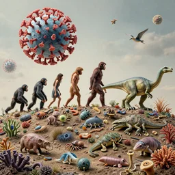 all of evolution as a striking detailed sculpture, evolution, giant coronavirus, humans, bacteria, invertebrates, chimpanzee, neanderthal, dinosaurs, reptiles, fish, mammals, worms, corals, fungi, bacteria, viruses, animals, plants, flagellates, arachnids, snails, squid, birds, bivalves