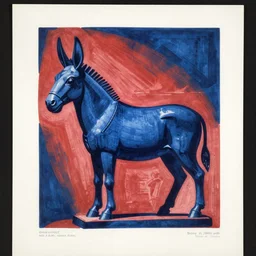 duotone lithograph print of cycladic sculpture of a donkey, bold, solid colors, stylized, ultramarine blue and red iron oxide