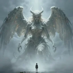 an immense beautiful terrifying pale winged humanoid giant looms over a tiny human. ethereal horror fantasy art by greg rutkowski and magali villanueve