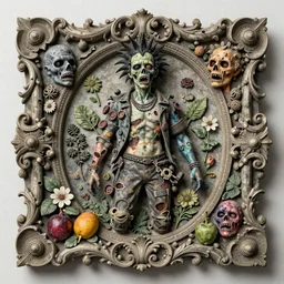 zombie, punk rock, male, multicolored faces, fruit and flowers, botanical, vanitas, sculptural, baroque, rococo, intricate detail, spiral, ornamental, photocopied, crude, ugly