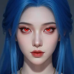 perfectly - centered close - up face - portrait of blue - haired goddess with glowing - red - eyes, the perfect human female specimen, intricate, elegant, super highly detailed, professional digital painting, artstation, concept art, smooth, sharp focus, no blur, no dof, extreme illustration, unreal engine 5, 8 k, by anne stokes