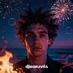 jacob collier - djesse vol. 4 album cover, close - up looking straight at camera, spiky hair going outward, night time!!! four corners, fire, ocean, bubbles, beautiful artwork, dim colorful shading, fireworks, colorful, high detail!!!! trending on artstation, extremely beautiful cinematic lighting, smooth lighting, smooth art style, very intricate!!!!! midnight, night, dark cinematic color scheme
