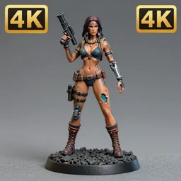 8 0 mm resin detailed miniature of a woman resembling kate upton as a post - apocalyptic warrior girl with tattoos, tribal face paint, bikini + tattered military gear, cybernetic, broken robot girl, holding a rocket launcher, on textured base, product introduction photos, 4 k, full body