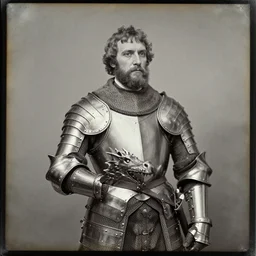 daguerreotype of a man wearing medieval western armor with a dragon head in his hand, classical portrait, 1 8 9 4