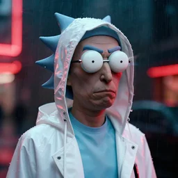 A hyper realistic and detailed head portrait photography of Rick Sanchez wearing a futuristic white raincoat with hoodie on a rainy day. by annie leibovitz. Neo noir style. Cinematic. Swirly bokeh. Red neon lights and glow in the background. Cinestill 800T film. Lens flare.