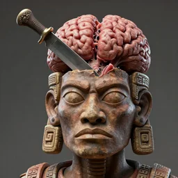 aliens brainsucker cutting brains from head of aztec with ritual knife, perfect face, fine details, studio lighting, close view, subtle shadows, art by katsuya terada, photorealism, hyper realism, octane render, hyper detailed, medium shot, 8 k, raw, unedited, in - frame,