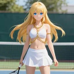 full body shot : a very beautiful young blond tennis anime girl, sky blue eyes, large golden chain, bikini, white miniskirt, highly detailed, cinematic wallpaper by stanley artgerm lau