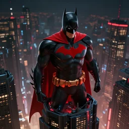 octane render. cinematic. dc animated film. portrait. futuristic onyx and red batman beyond looking down atop a cyberpunk gotham city building at night, highly detailed, sharp focus, unreal engine highly rendered,, radiant light, subtle light fog