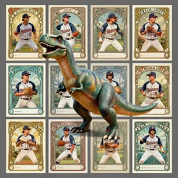 multiple baseball cards of players that are dinosaurs gloomhaven, matte painting concept art, art nouveau, beautifully backlit, swirly vibrant color lines, fantastically gaudy, aesthetic octane render, 8 k hd resolution