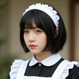 a 4 k photorealistic photo close up of a victorian maid with a black bob hairstyle