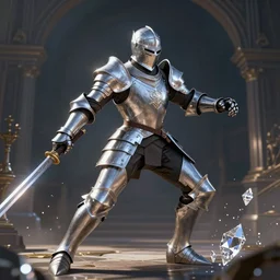 fantasy knight in polished shiny armor in combat, diamond dust, cinematic, wide shot, dramatic light, artstation, unreal engine 5, volumetric light, sharp focus, digital art