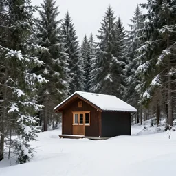 small cabin, dense evergreen forest, snow, pisarro,