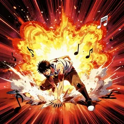 man hitting the ground creating a explosion, anime, album cover, musical notes